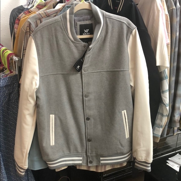 Gray and White Varsity Bomber Jacket with Ribbed Collar - Picture 1 of 5